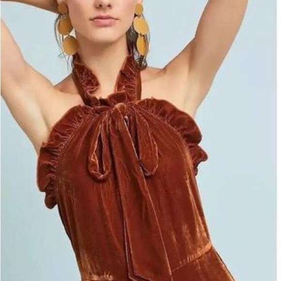 Anthropologie Kristinit Velvet Jumpsuit Rust Orange Brown Copper Ruffle Halter L - Picture 2 of 6